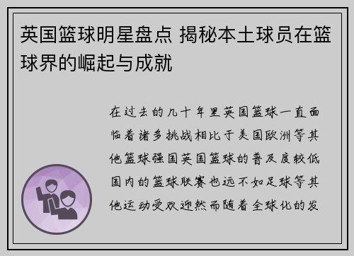 英国篮球明星盘点 揭秘本土球员在篮球界的崛起与成就